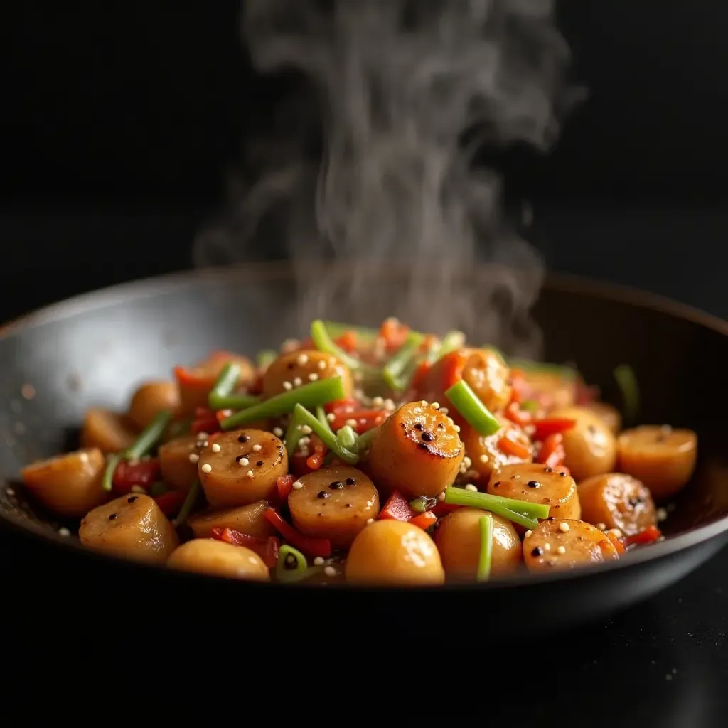 a photo of stir-fry using miso paste and sesame oil, Asian-inspired, sizzling wok, steam rising