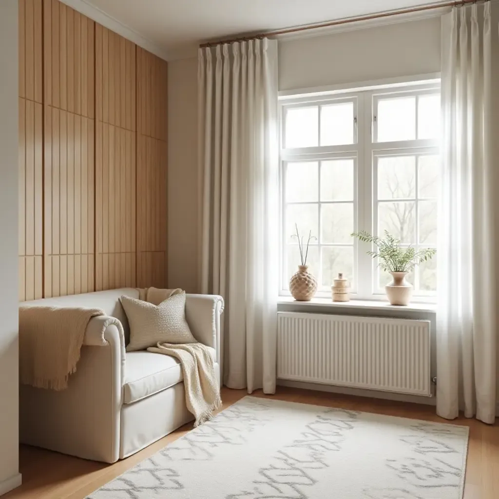 a photo of a nursery designed with wood paneling and fabric drapes