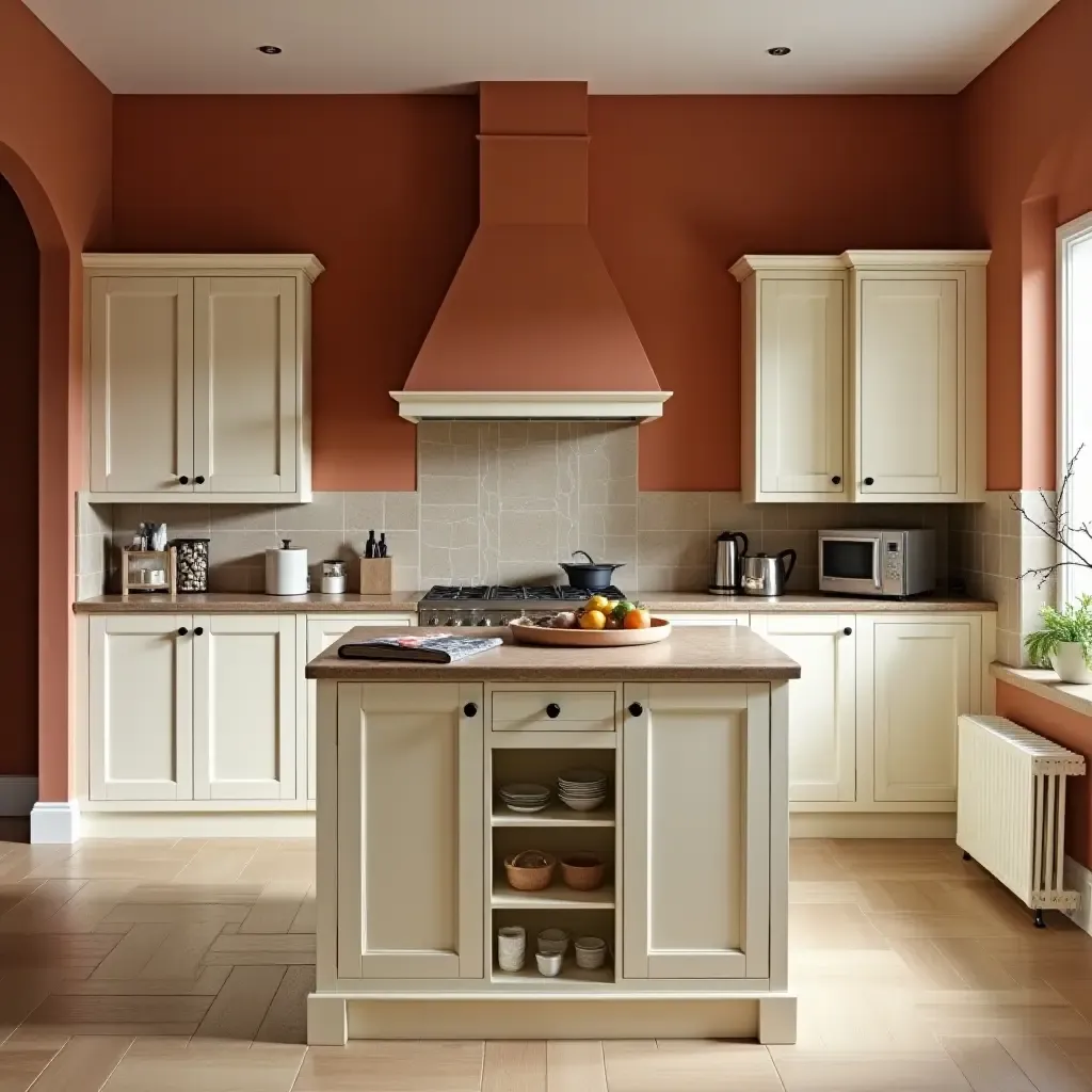 a photo of warm terracotta and light cream cabinets in a traditional kitchen