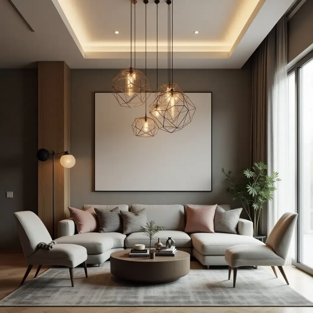 a photo of a contemporary living room with geometric pendant lights creating a stylish focal point