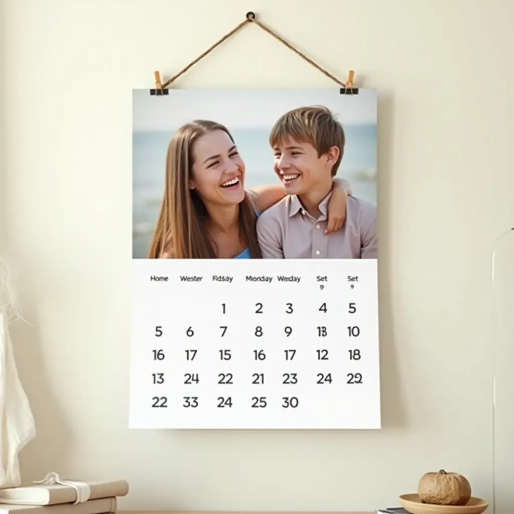 a photo of a personalized photo calendar hanging on the wall