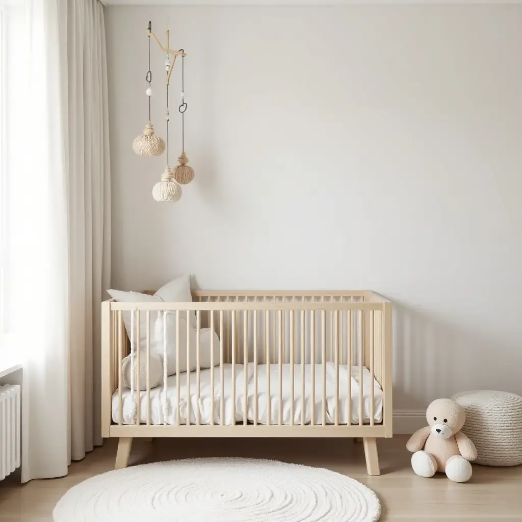 a photo of a nursery featuring a beautiful mobile and plush accents