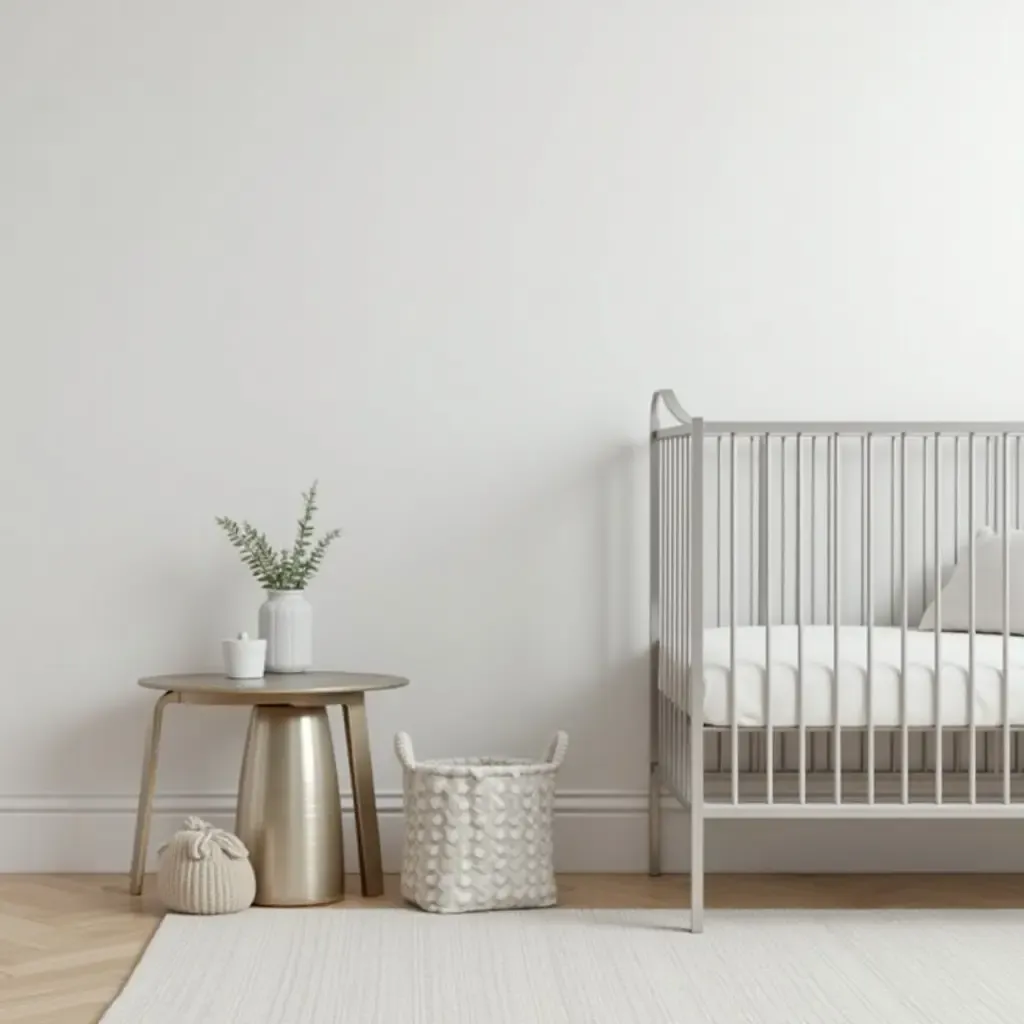 a photo of a nursery with a metallic silver accent table