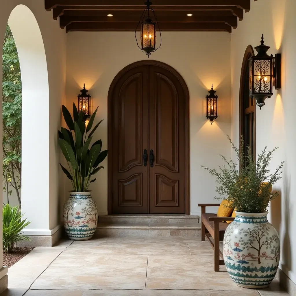 a photo of an entrance hall decorated with hand-painted ceramics and lanterns