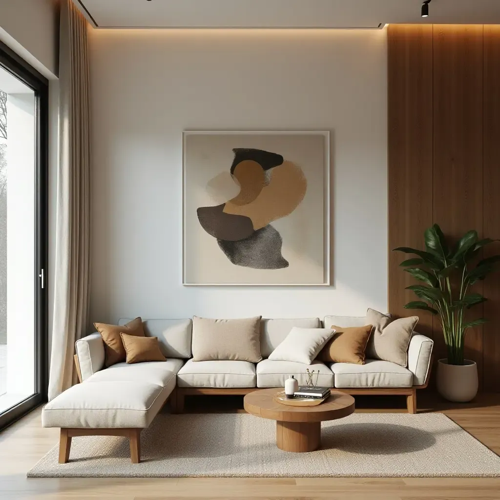 a photo of a modern living room with wooden elements and artistic decor