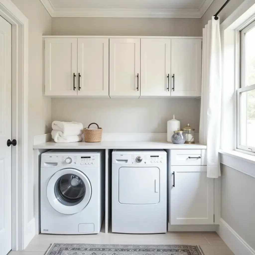 a photo of a laundry room with hidden cabinets for a clean look