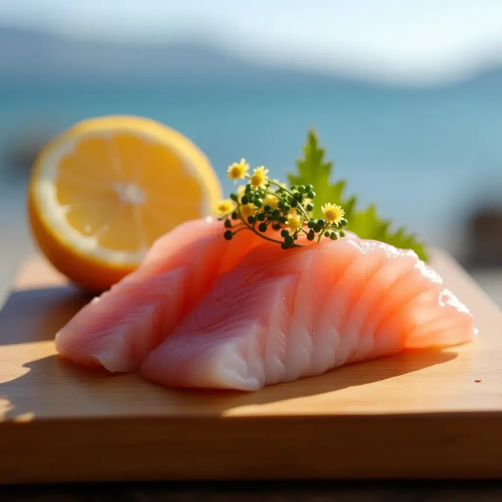 a photo of kawahagi, filefish sashimi, with citrus garnish, presented on a wooden platter, seaside view