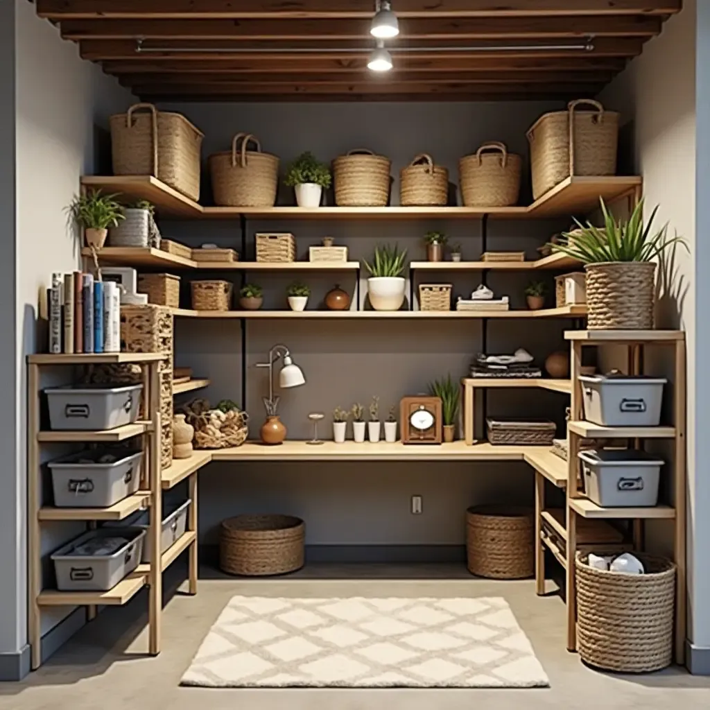 a photo of a functional basement storage area with creative organization solutions