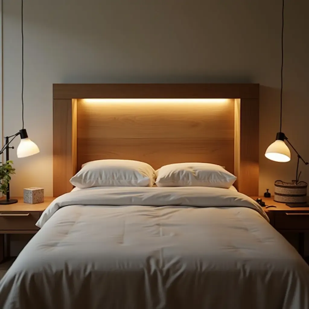 a photo of a wooden headboard with integrated reading lights