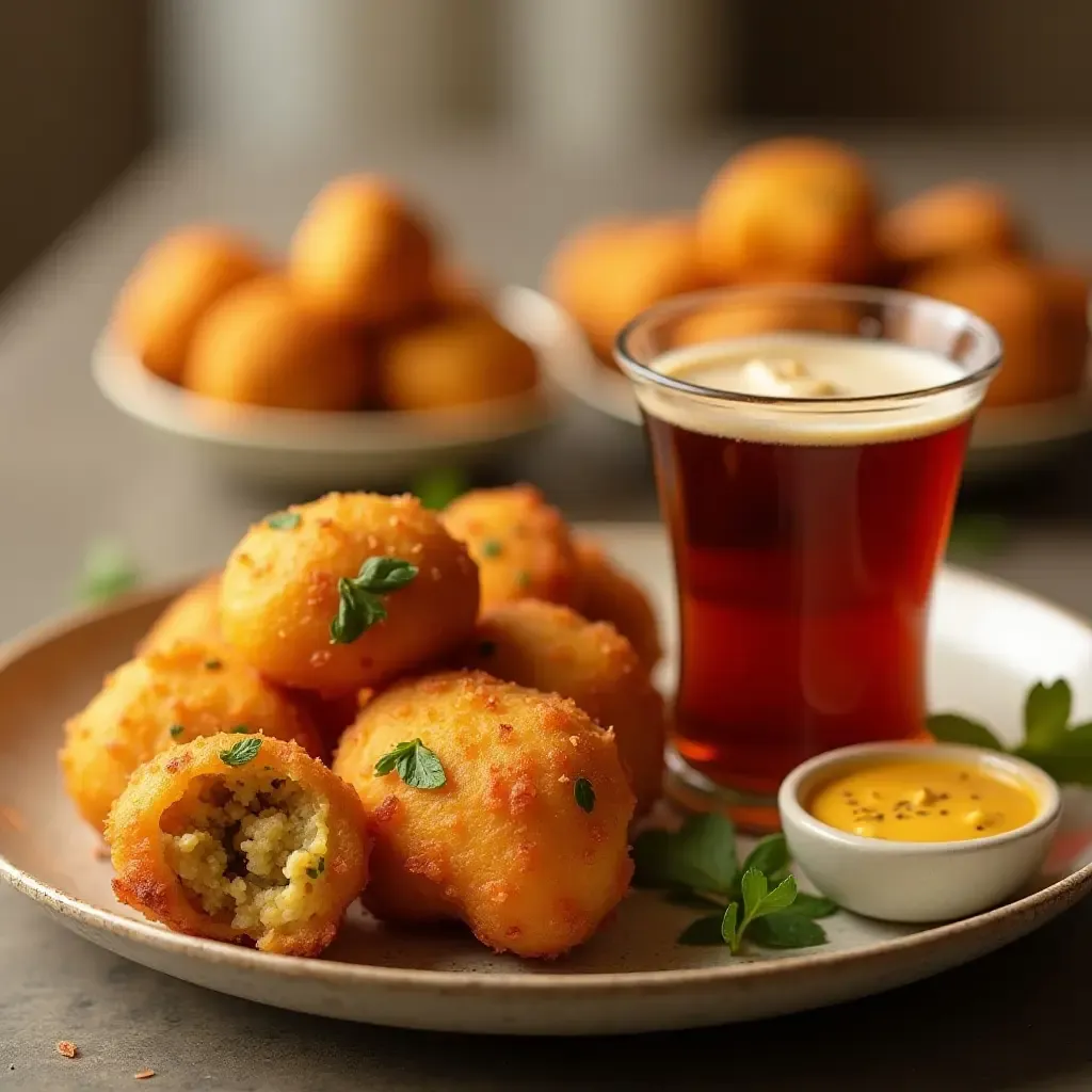 a photo of savory pakoras with mint chutney, next to a glass of chai.