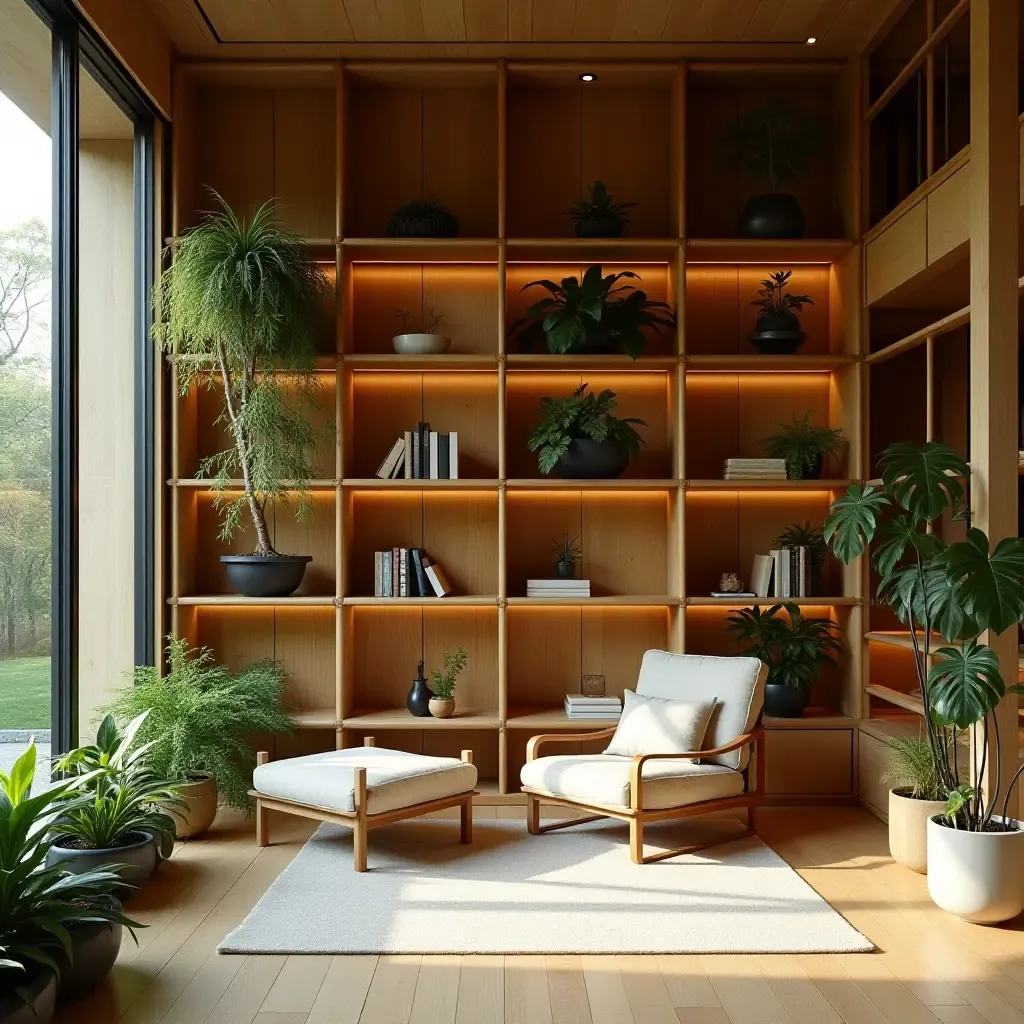 a photo of a zen-inspired library with bamboo shelving and plants