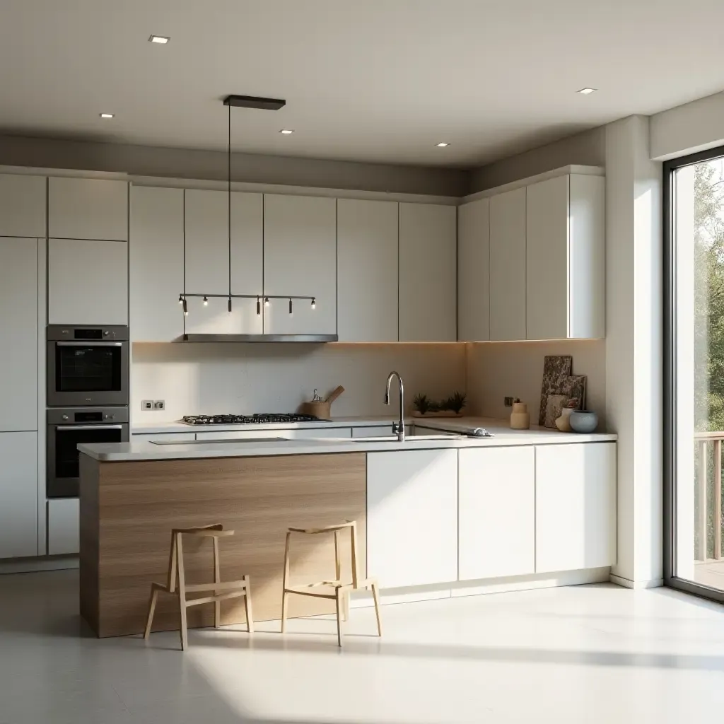 a photo of a modern kitchen with integrated appliances and open space