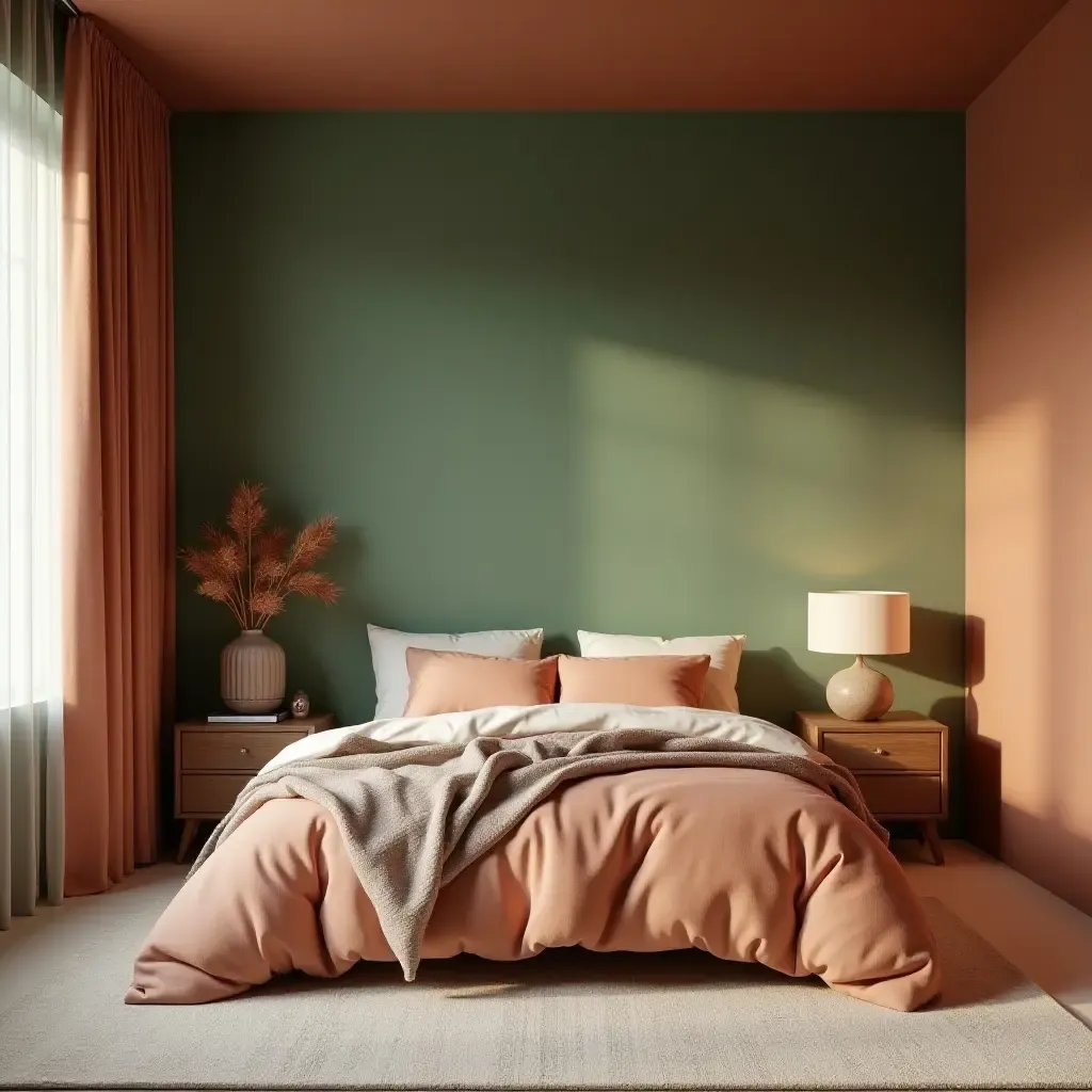 a photo of a warm terracotta and sage green bedroom for teens