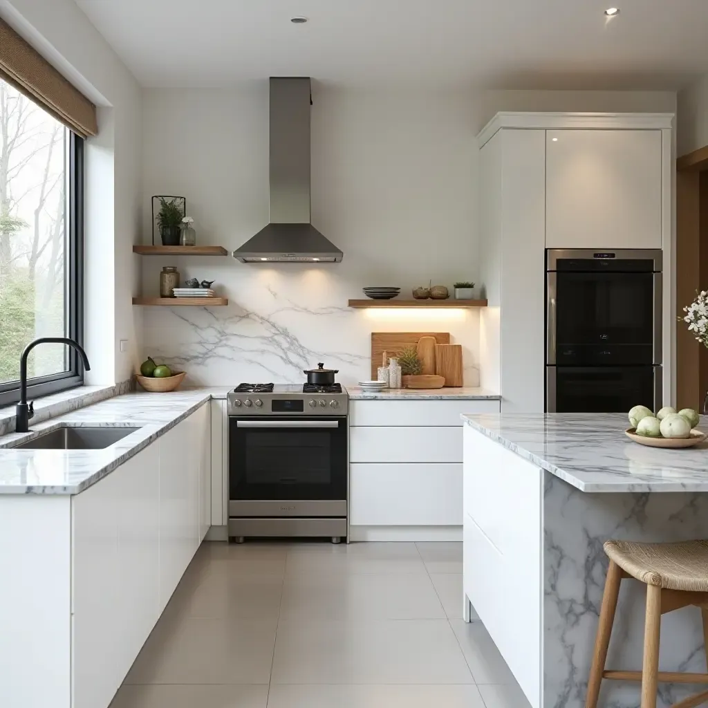 a photo of a sleek kitchen with marble countertops and high-end appliances