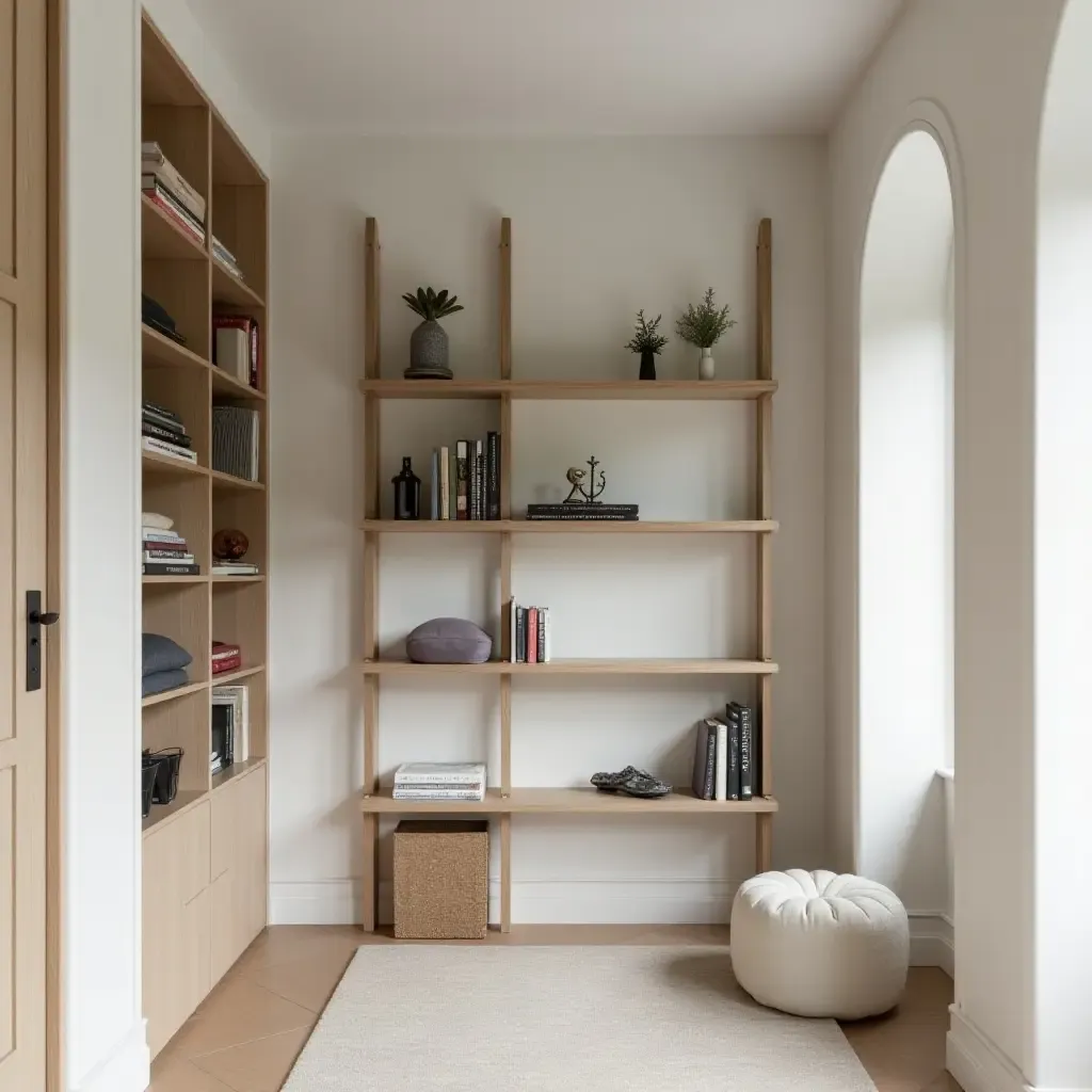 a photo of a corridor showcasing a chic ladder shelf for storage