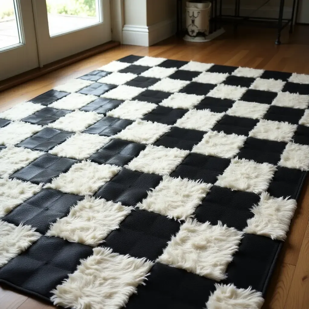 a photo of a retro checkerboard rug in black and white