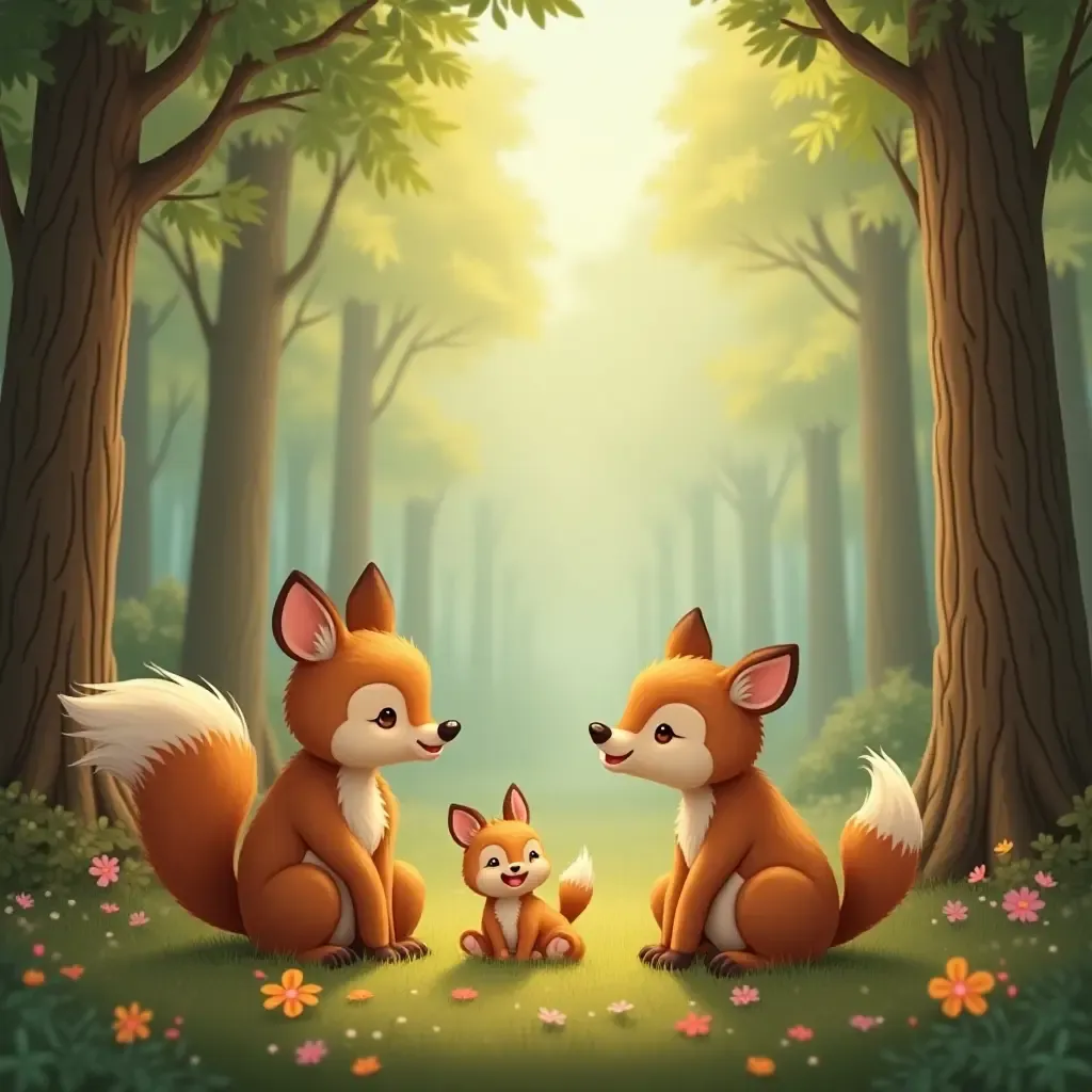 a photo of a cozy woodland scene with cute animals