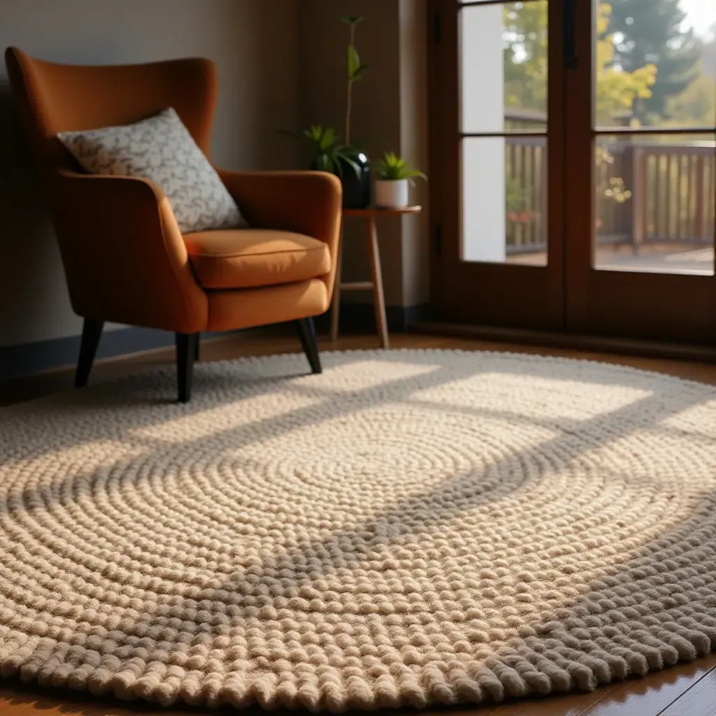 a photo of a textured wool rug in a warm, inviting space