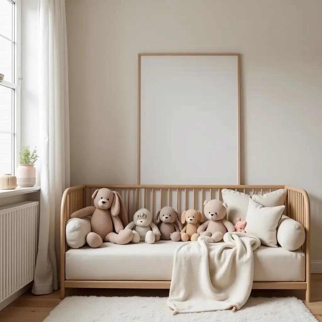 a photo of a nursery corner with a reading nook filled with soft toys