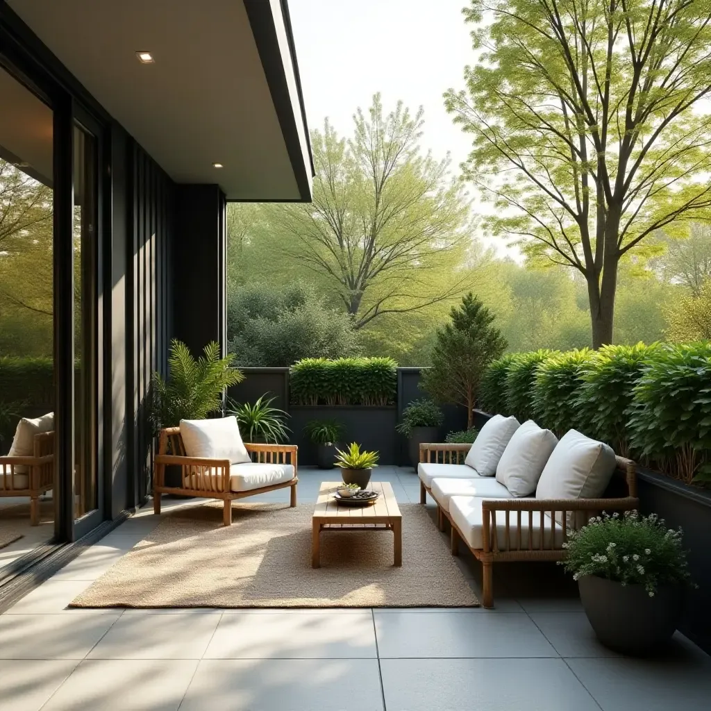 a photo of a stylish balcony with comfortable seating and greenery