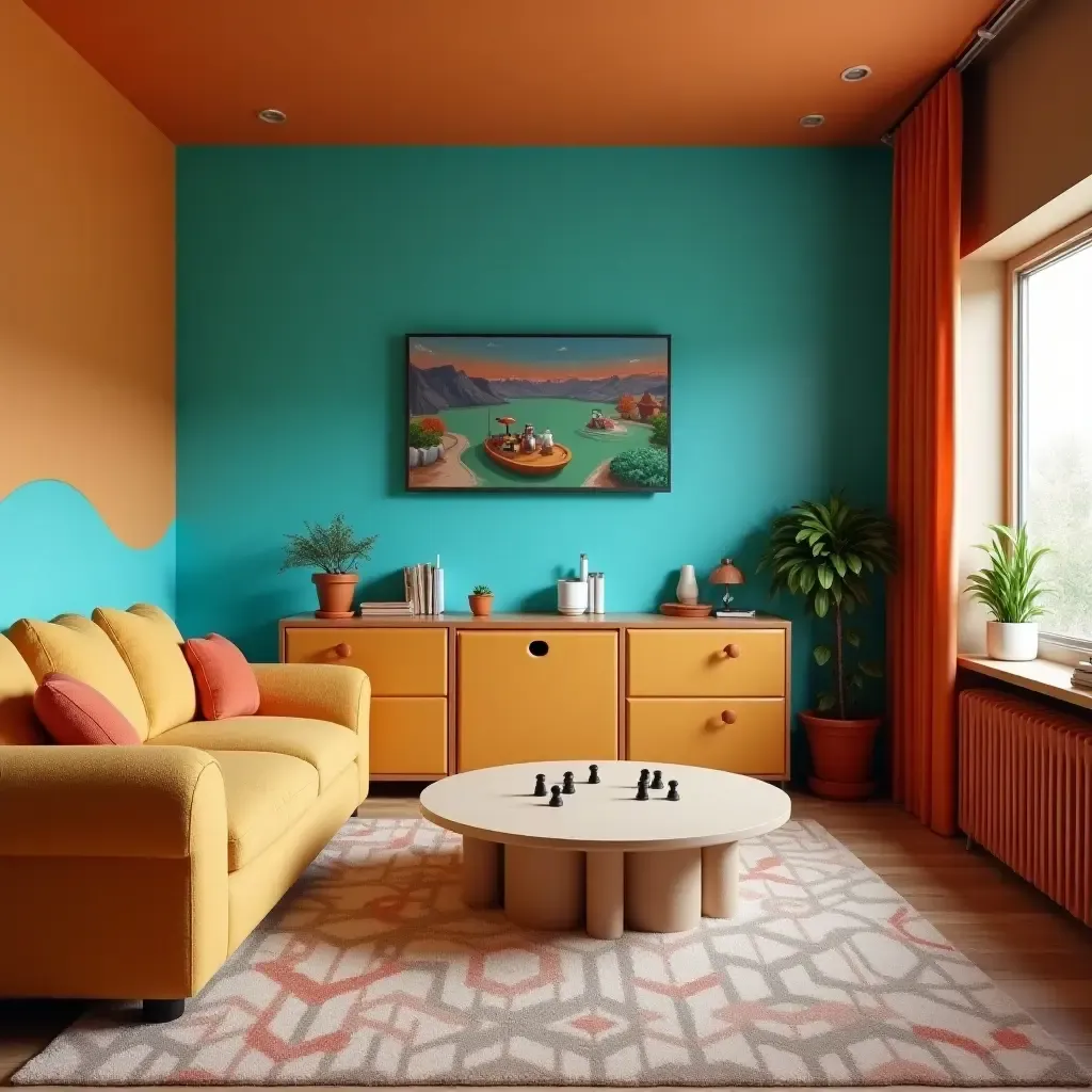 a photo of a fun turquoise and orange gaming room for kids