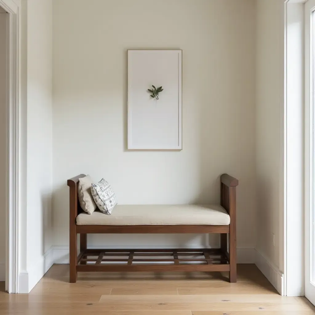 a photo of a classic wooden bench in a basement entryway