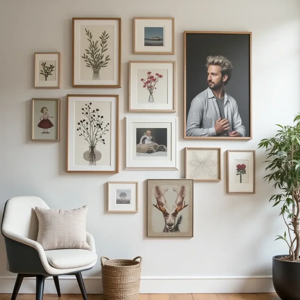 a photo of a gallery wall featuring a combination of art and personal mementos