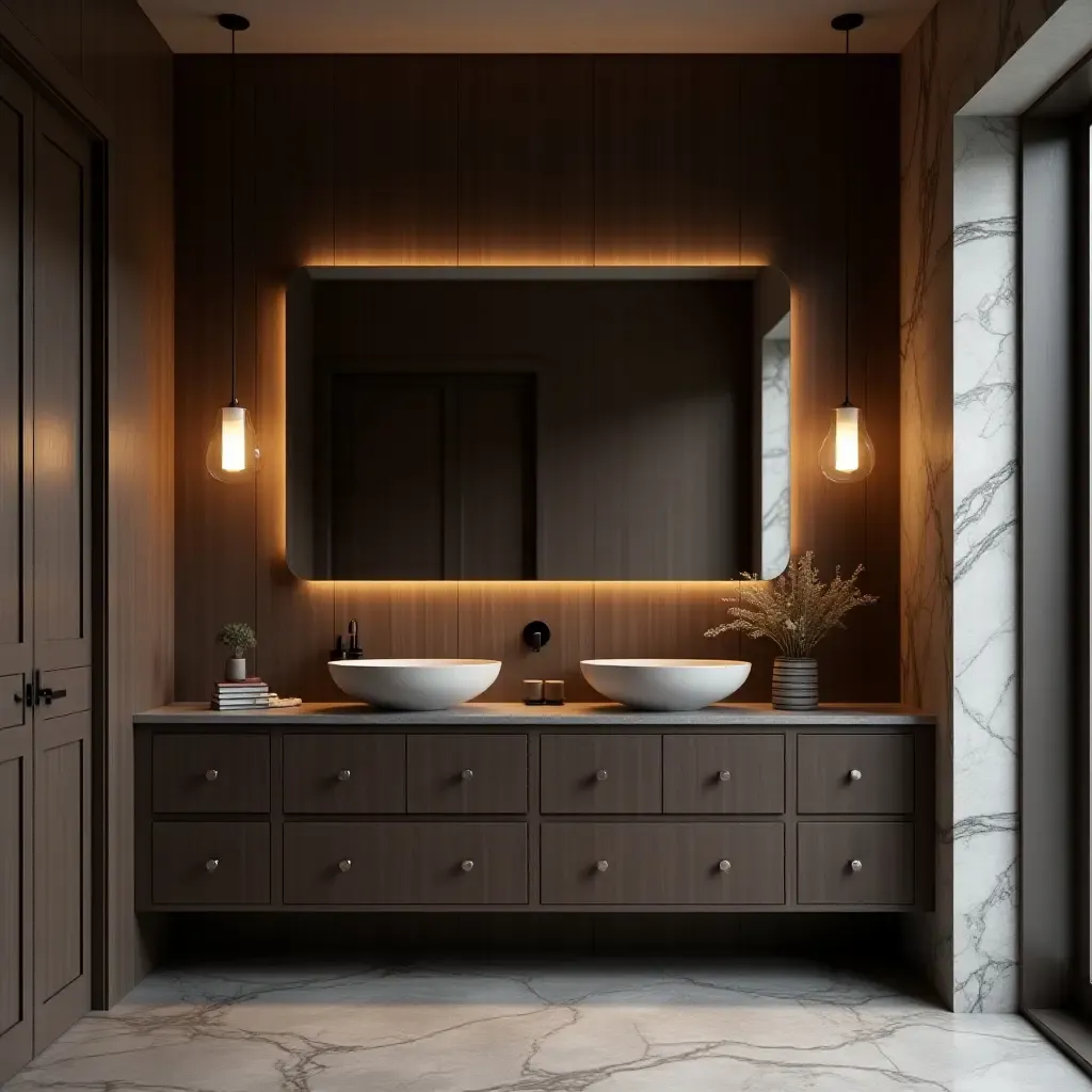 a photo of a dark wood-themed bathroom with pendant lights highlighting the decor