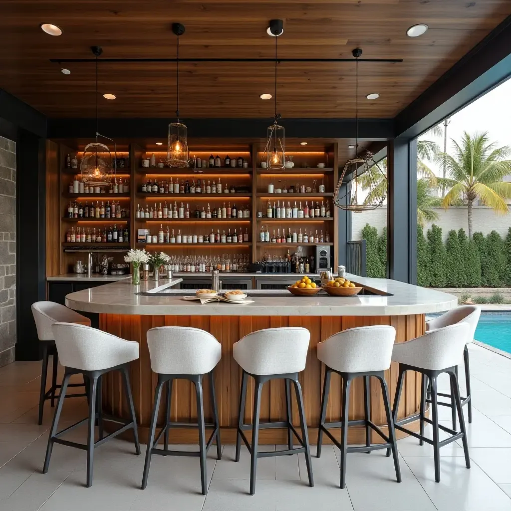 a photo of a modern poolside bar with fabric stools, wooden countertops, and metal fixtures