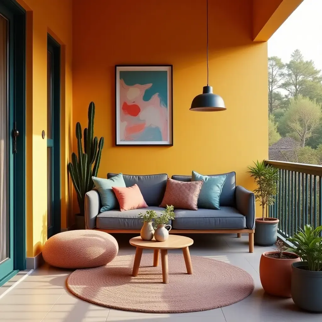 a photo of a chic balcony with a vibrant color palette and artistic elements