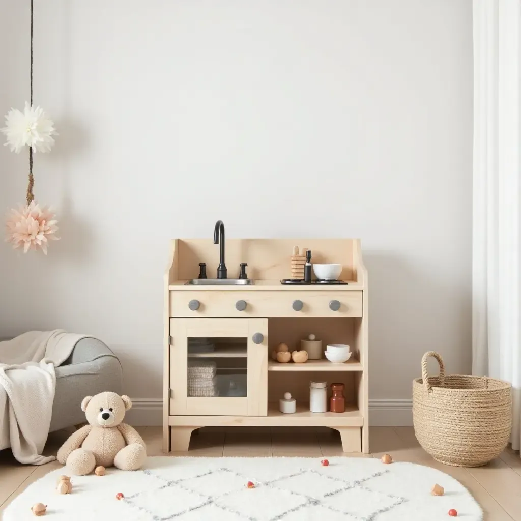 a photo of a nursery featuring a wooden play kitchen and handmade toys