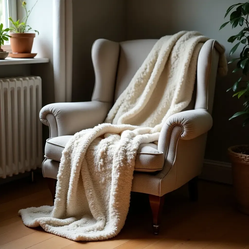 a photo of a cozy blanket draped over a reading chair