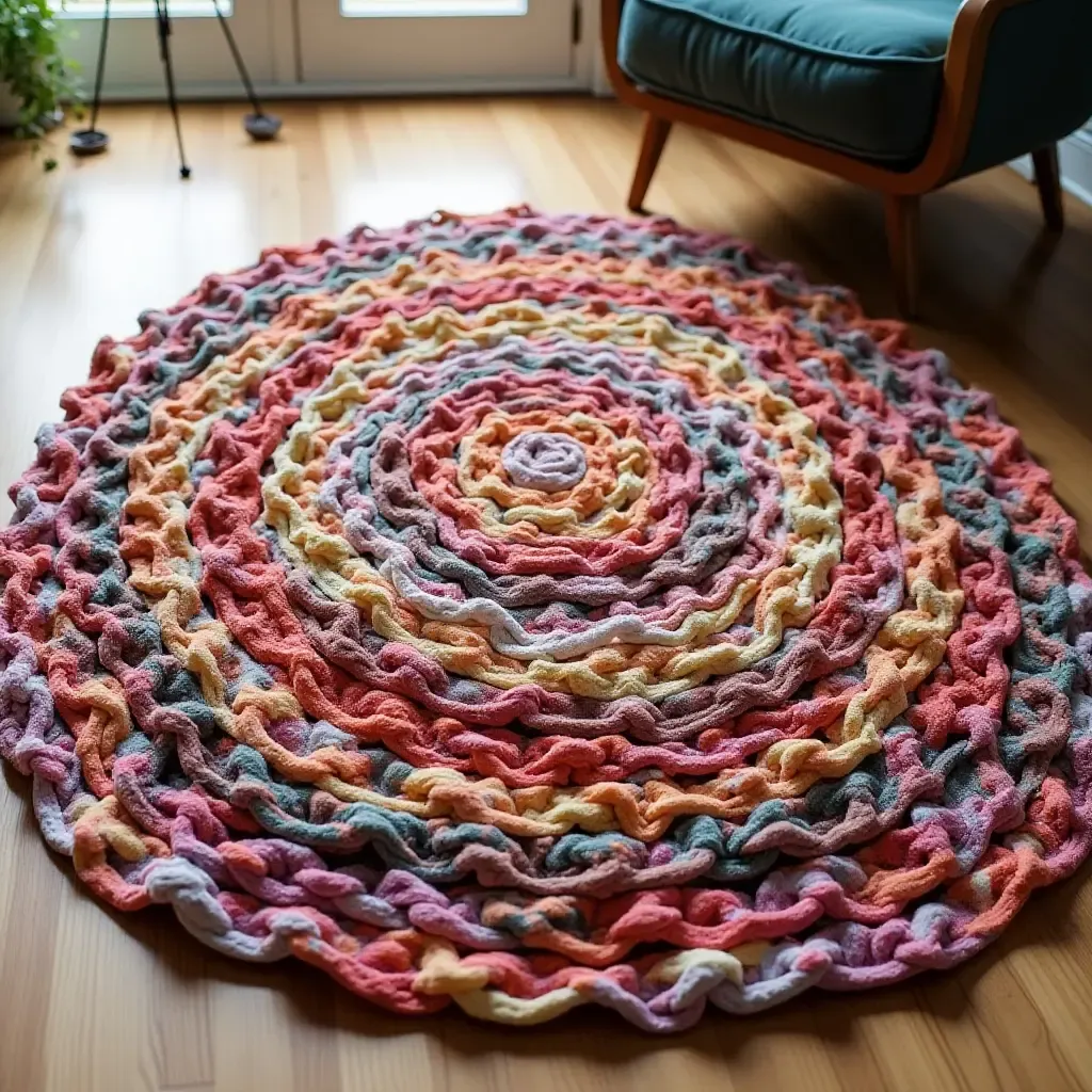 a photo of a colorful DIY rug made from fabric scraps