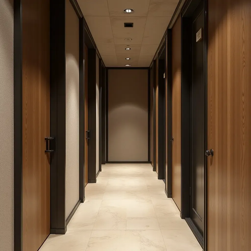 a photo of a stylish corridor with textured walls of fabric, wood, and metal