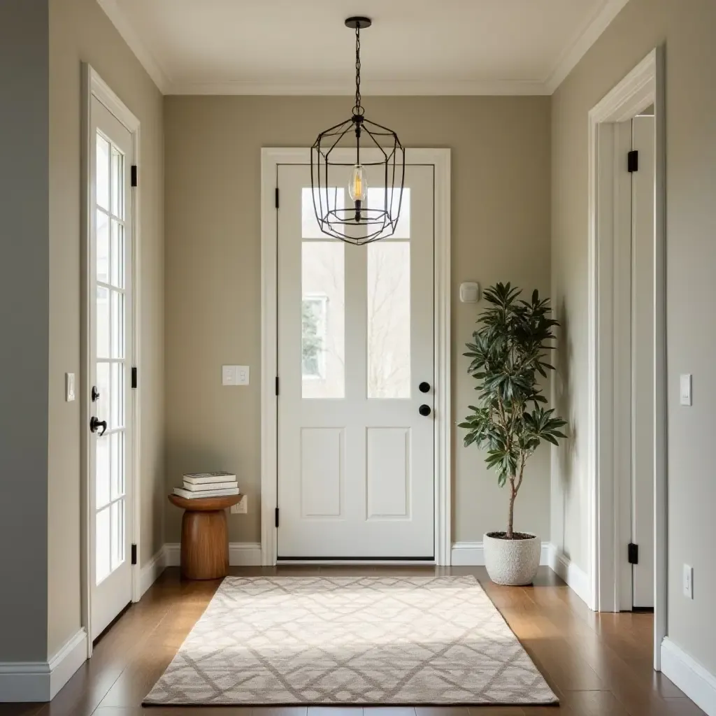 a photo of a welcoming entrance hall with a geometric rug and soft lighting