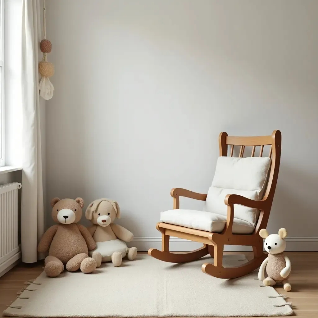 a photo of a nursery with a vintage rocking chair and handmade toys