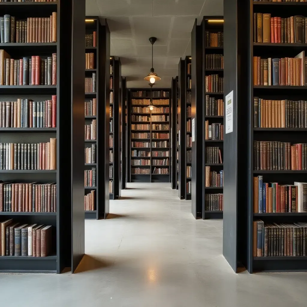 a photo of a library with concrete floors and steel bookends