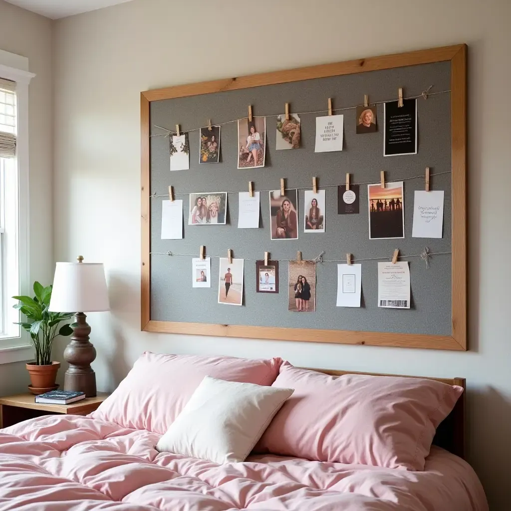 a photo of a DIY bulletin board decorated with photos and quotes in a teen&#x27;s room