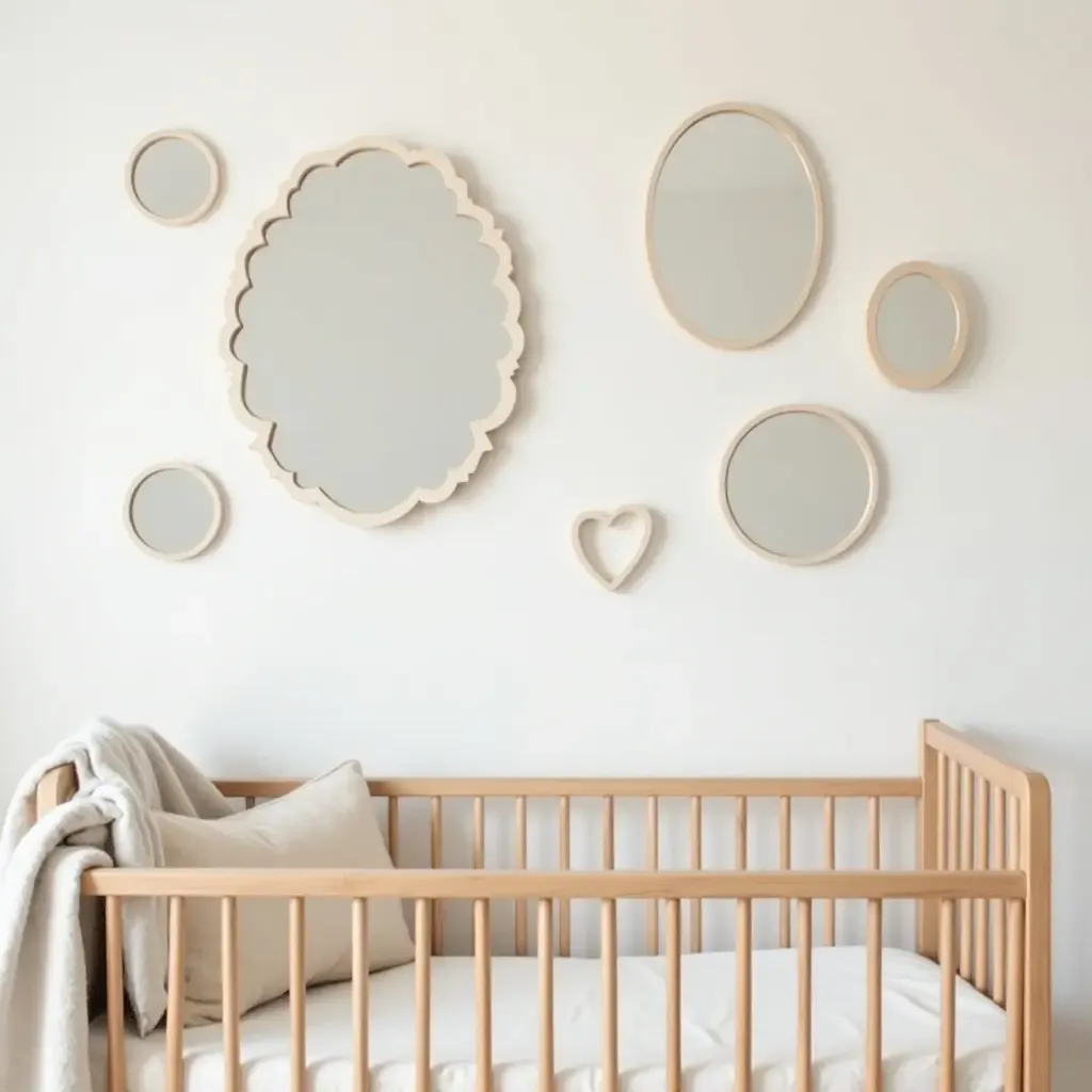 a photo of a playful nursery with fun mirror shapes on the wall