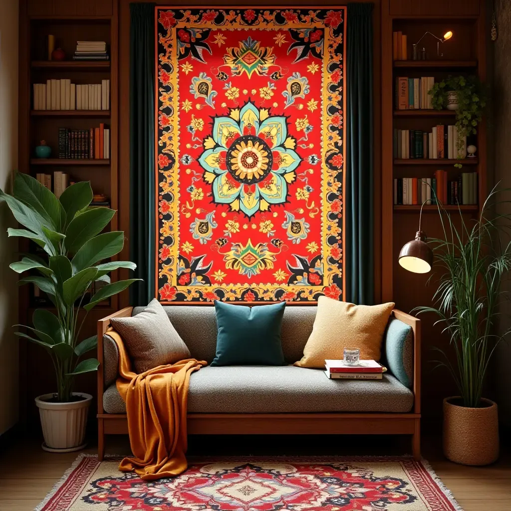 a photo of a cozy reading nook with a bright tapestry