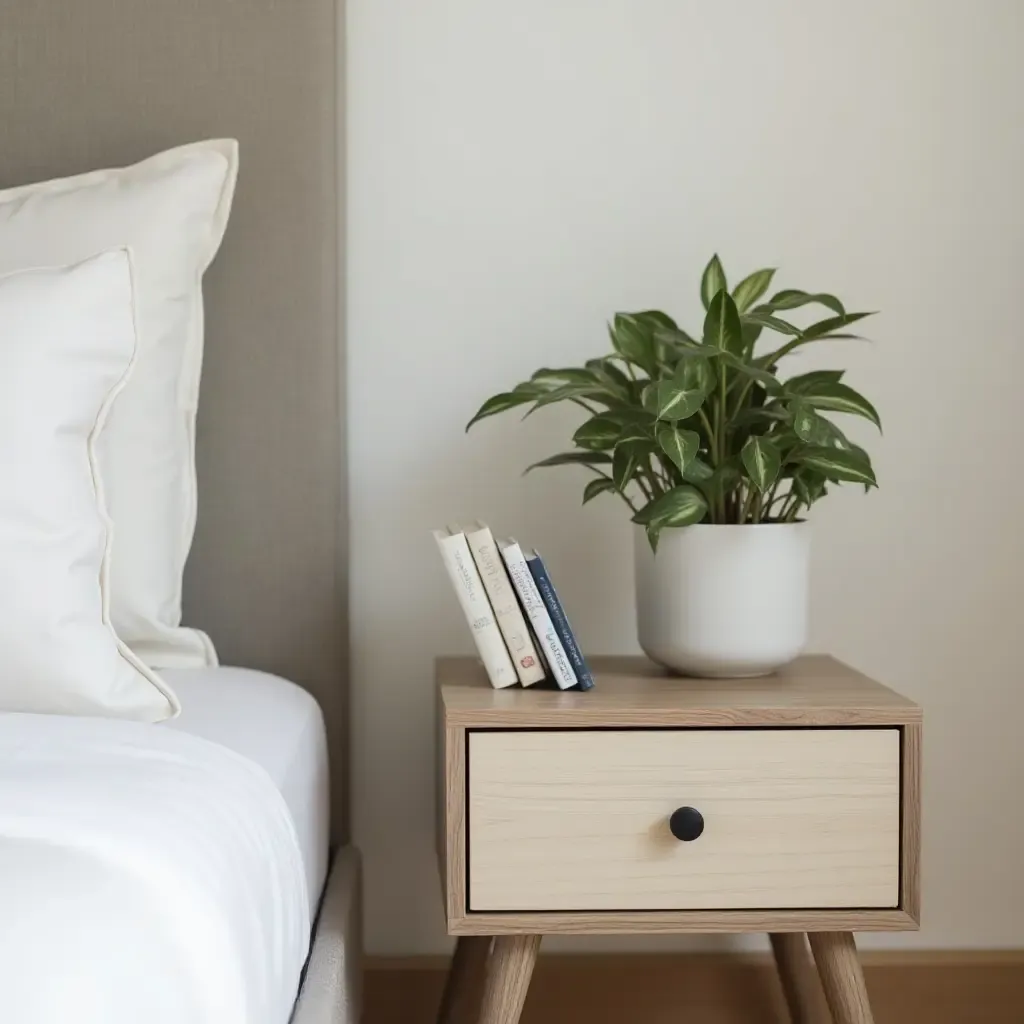 a photo of a bedside shelf with a plant and books