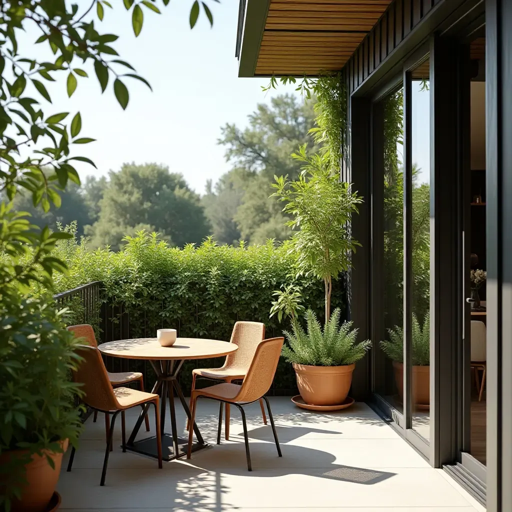 a photo of a balcony with a small dining area and greenery