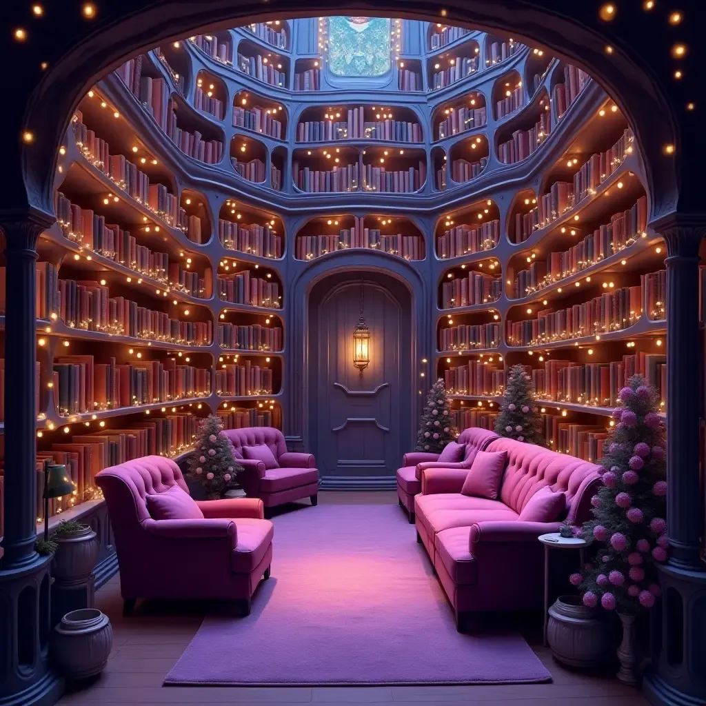 a photo of a whimsical purple and yellow library with fairy lights