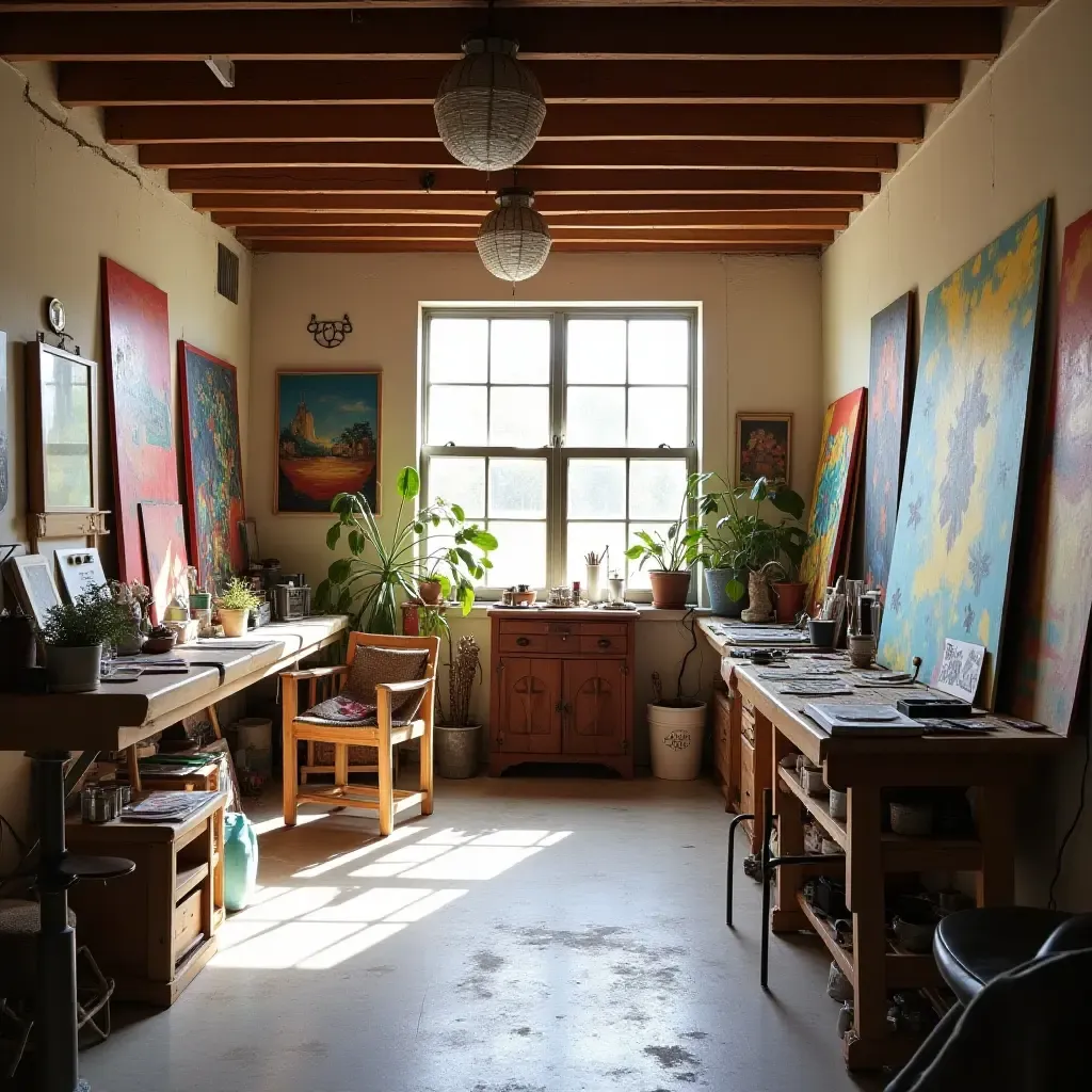 a photo of a colorful basement art studio with natural light