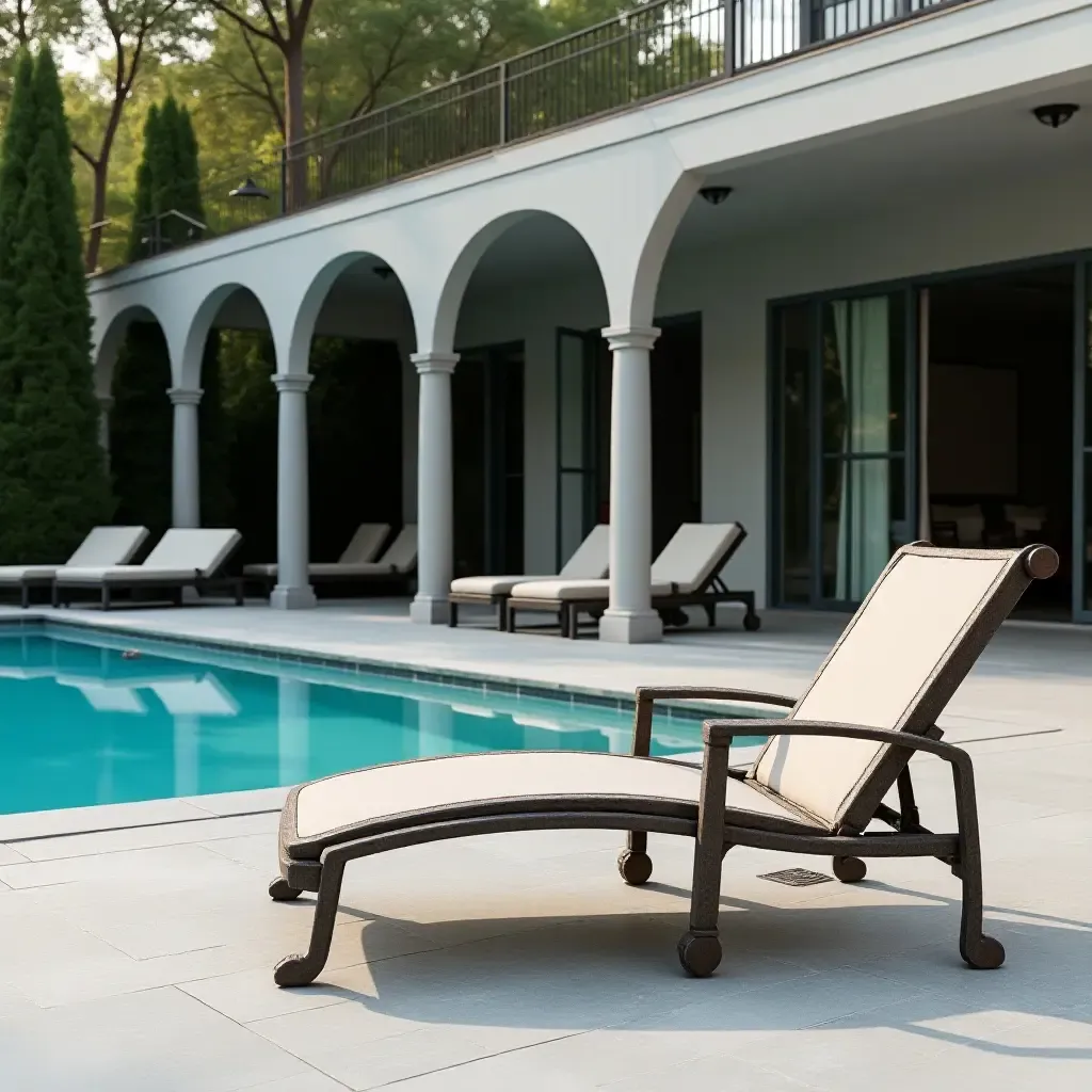 a photo of vintage metal lounge chairs by an industrial-style pool