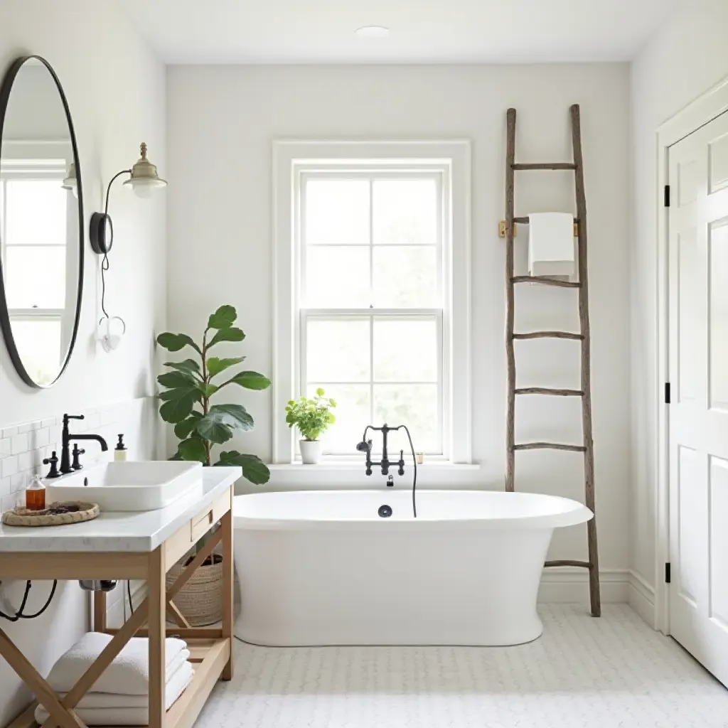 a photo of a stylish bathroom with farmhouse decor and a vintage ladder