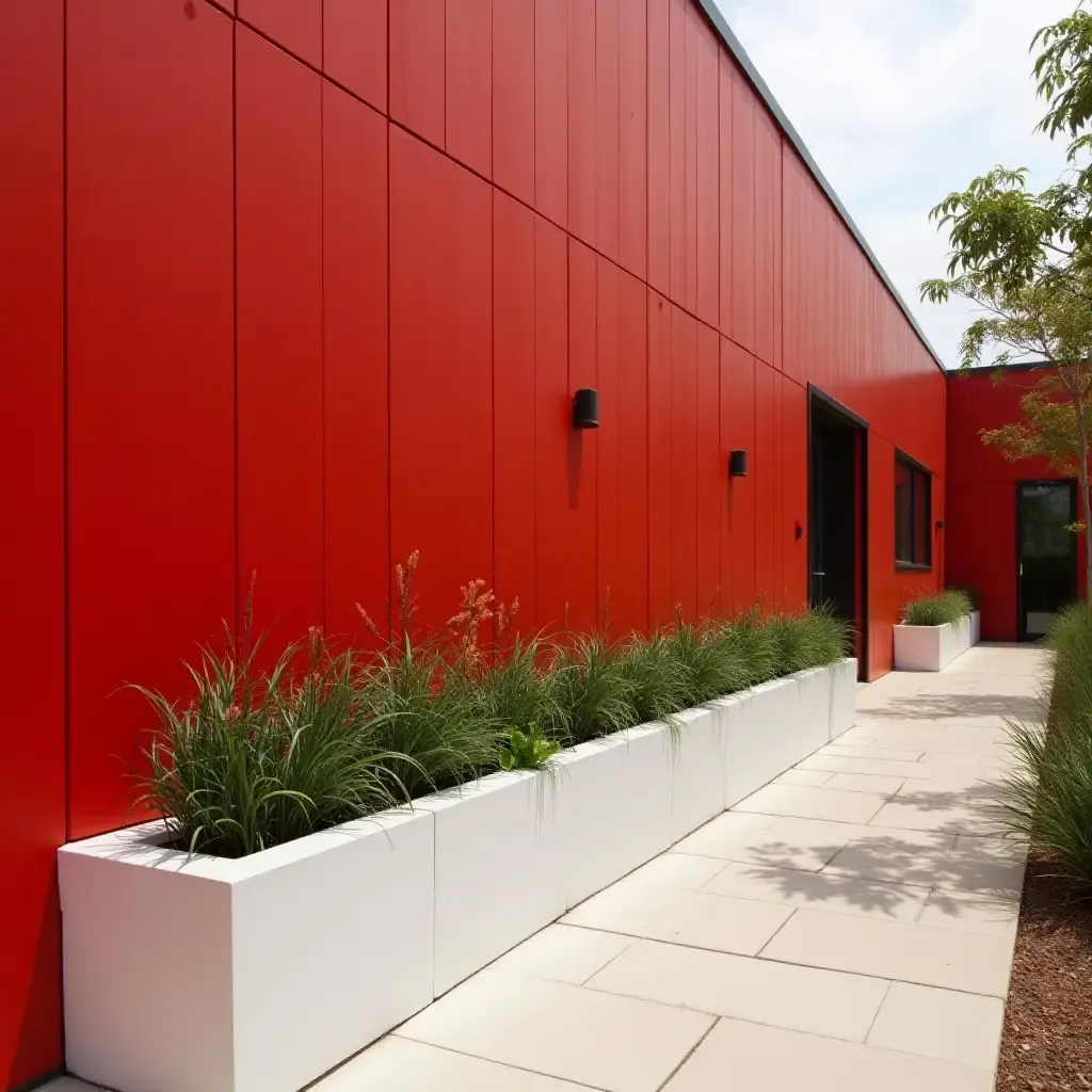 a photo of a bold red garden wall with contrasting white planters in a hallway