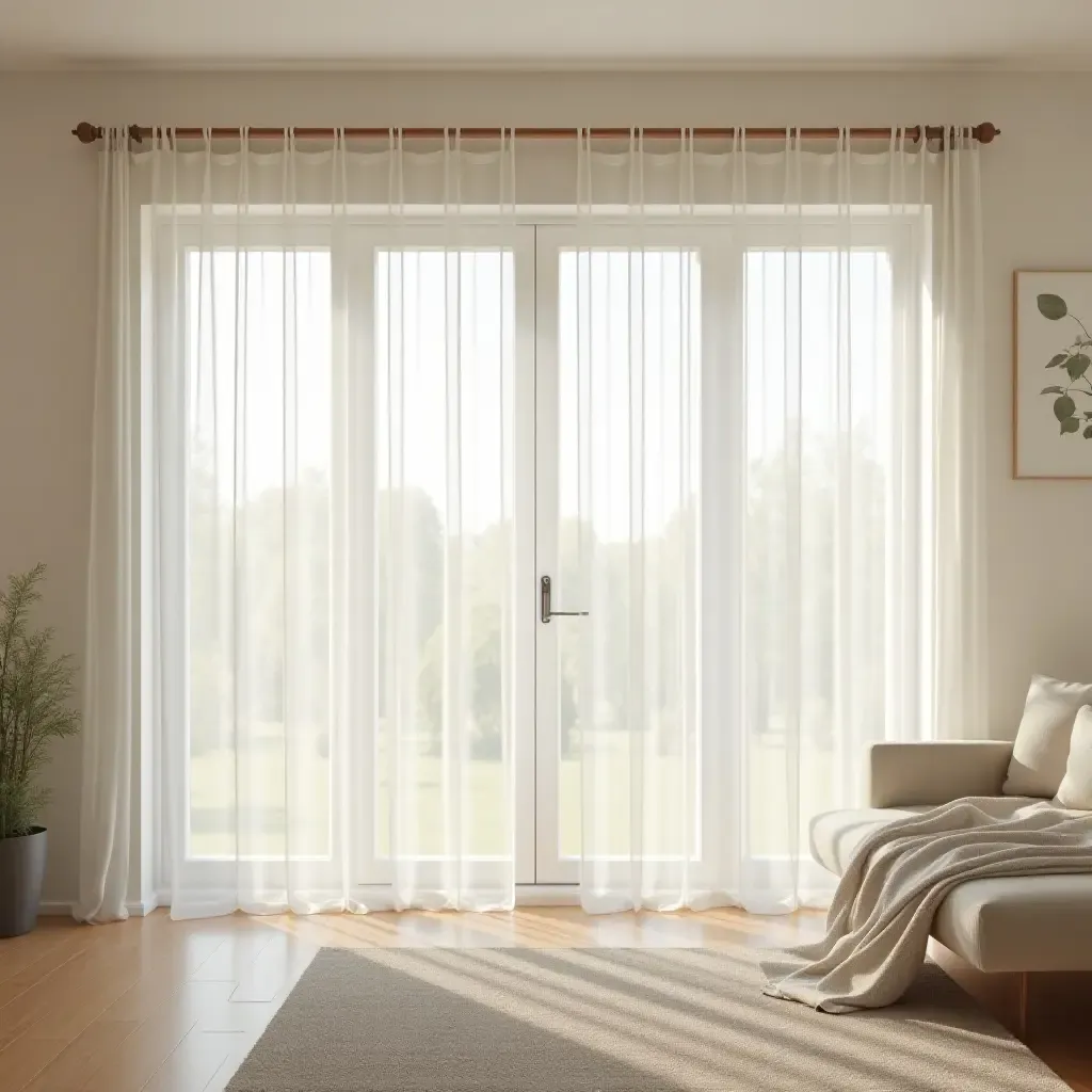 a photo of a bright bedroom filled with natural light and airy curtains