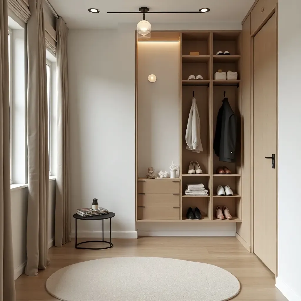 a photo of a chic corridor with a vertical shoe organizer