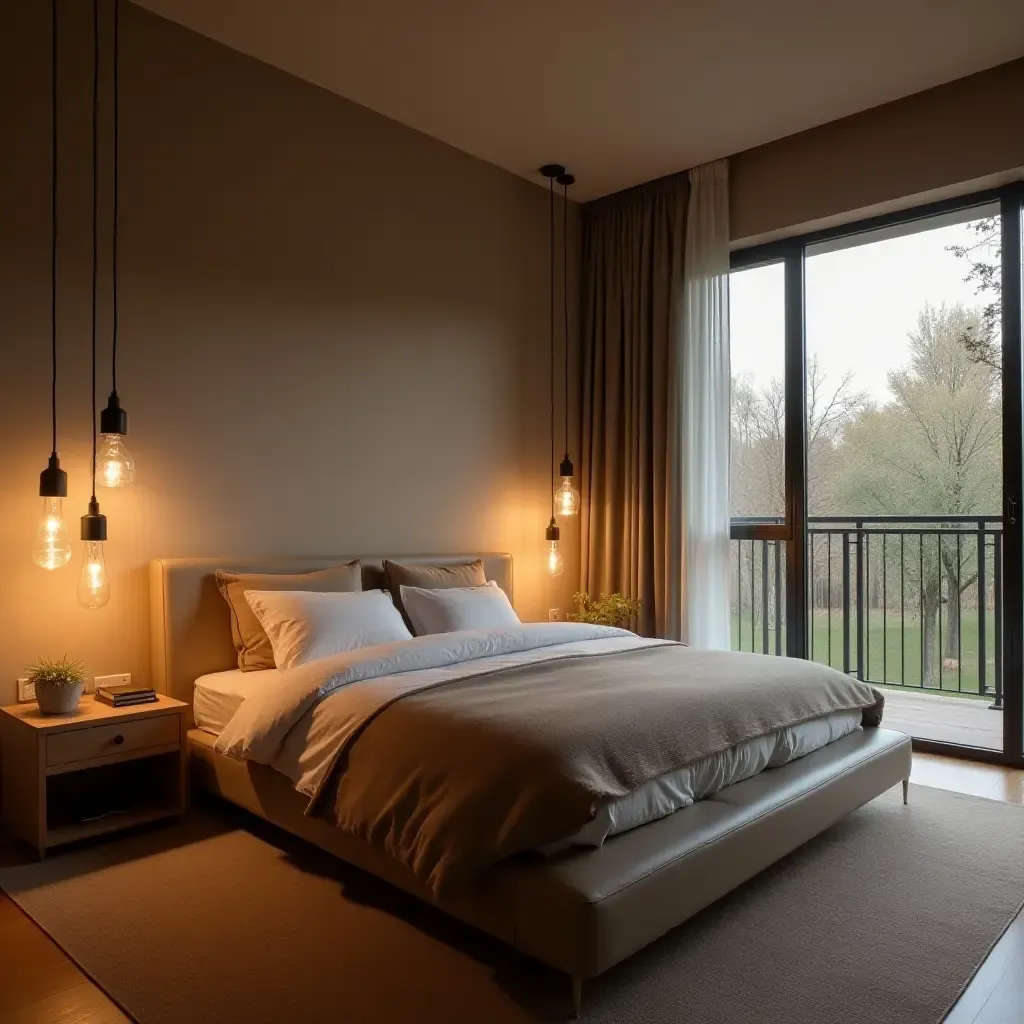 a photo of a tranquil bedroom with pendant lighting designed for relaxation